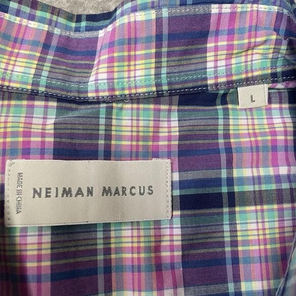 Neiman Marcus Shirt Mens Large Colorful Plaid Short Sleeve Button Up Preppy - Picture 3 of 6